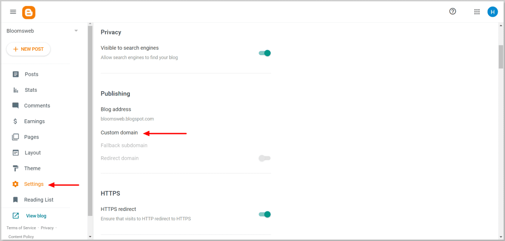 Setting for Custom Domain in Blogger