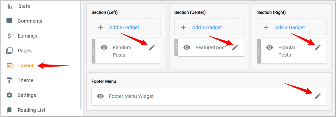 Edit Footer widgets in Blogger