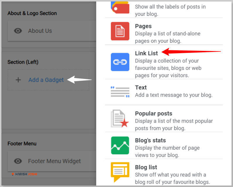 Add a link list gadget in blogger