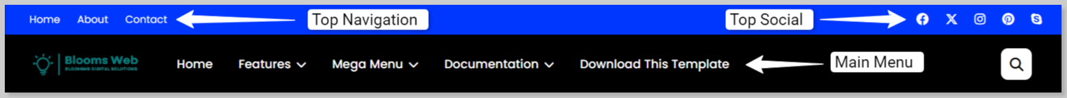 Top navigation top social and main menu