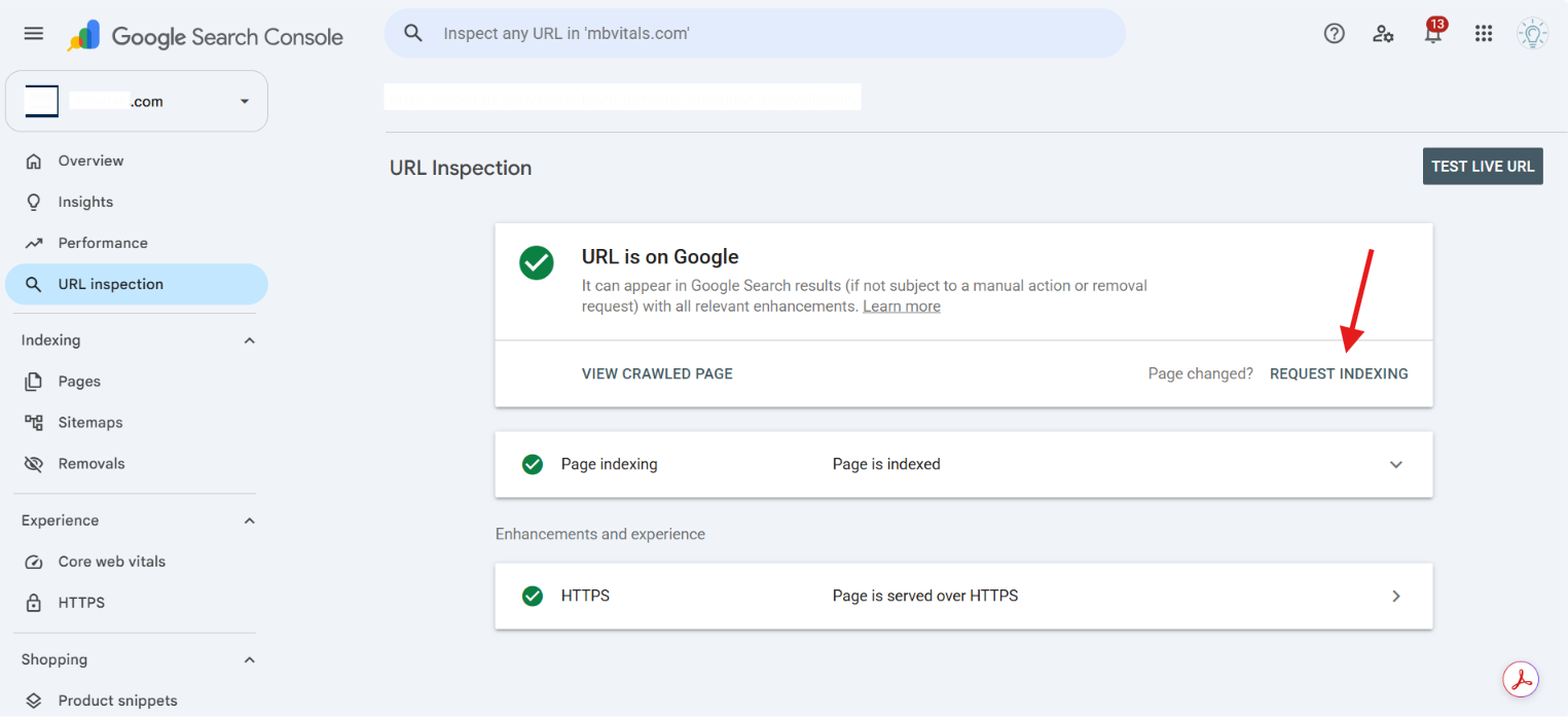 google search console request indexing